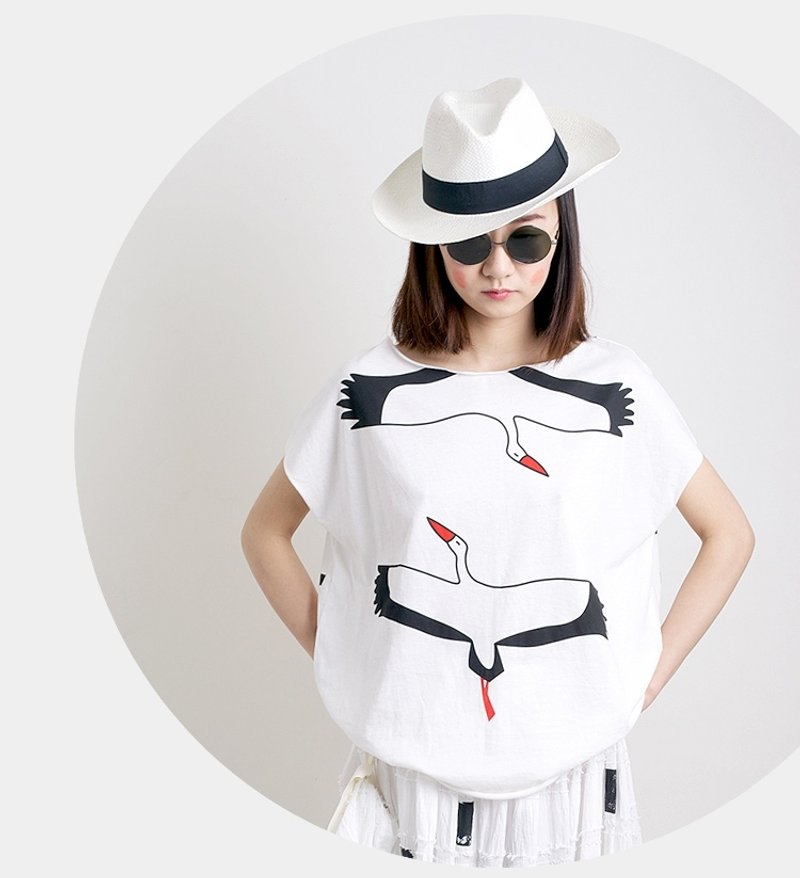 宽松仙鹤纯棉短袖T恤  T-shirt - imakokoni - 女装上衣 - 棉.麻 白色