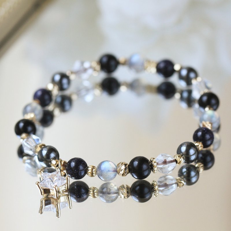 黑曜石 拉长石 白水晶。北极星。健康避邪护身平安 水晶手链 - 手链/手环 - 水晶 黑色