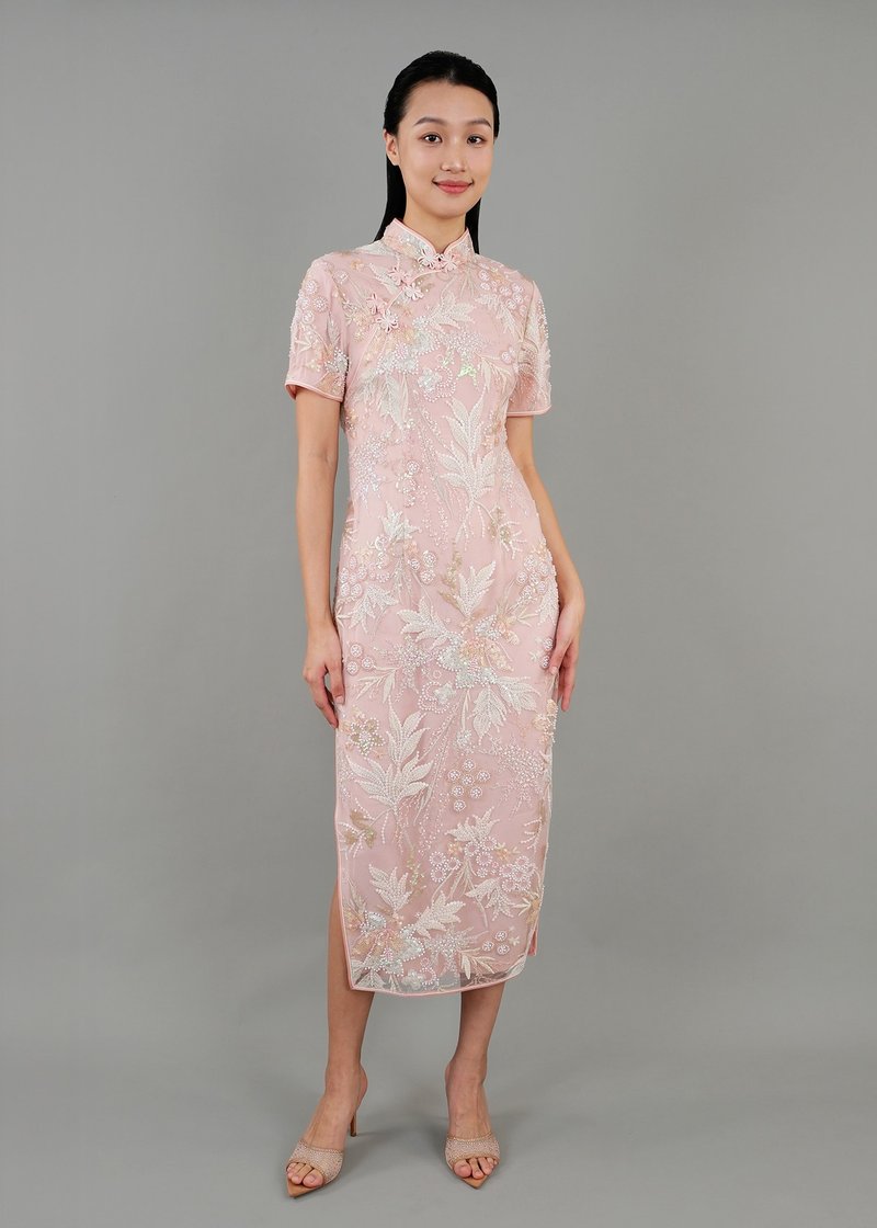 短袖蕾丝旗袍 (绯红色) | 晚装礼服 | 高档旗袍 - 旗袍 - 其他材质 粉红色
