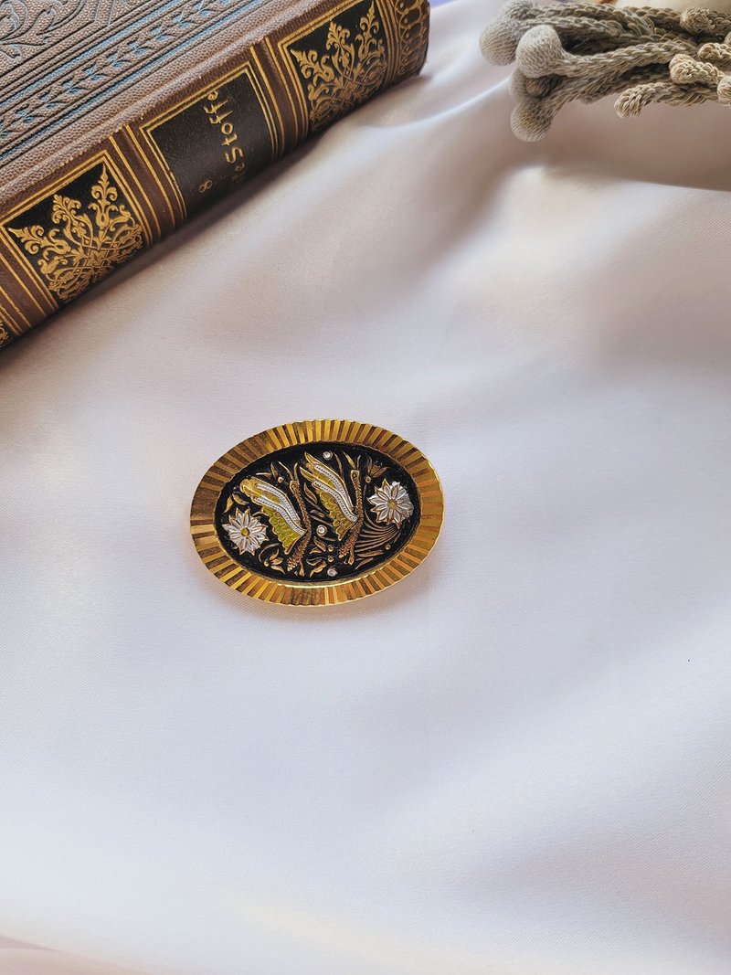 美国西洋古董饰品/ 西班牙大马士革双鹤繁花胸针/别针Damascening - 胸针 - 其他金属