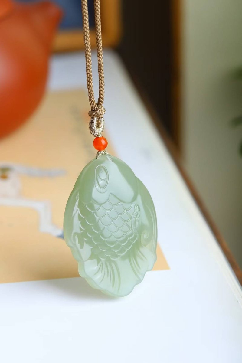 【年年有余】天然新疆和田玉青海料项链玉佩 - 项链 - 玉石 绿色