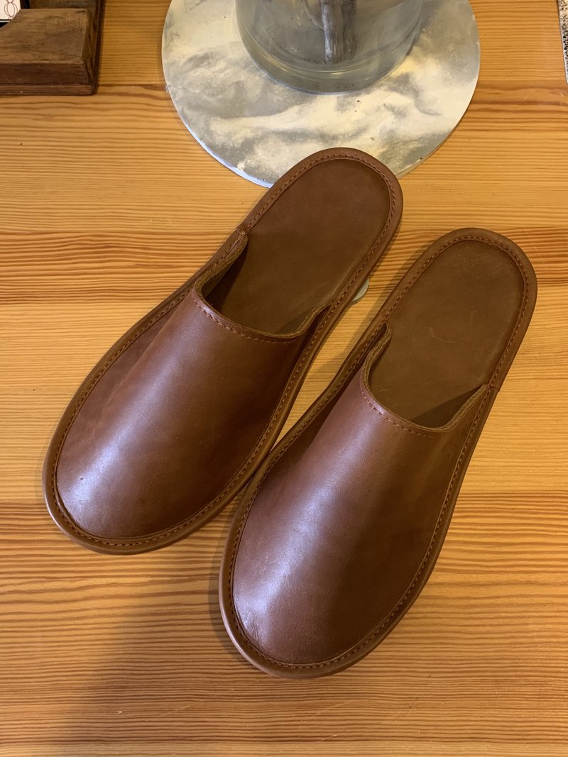 【梁絮皮艺】真皮 皮革拖鞋/室内拖鞋/牛皮/原创设计/Sabi/焦糖棕 - 室内拖鞋 - 真皮 咖啡色