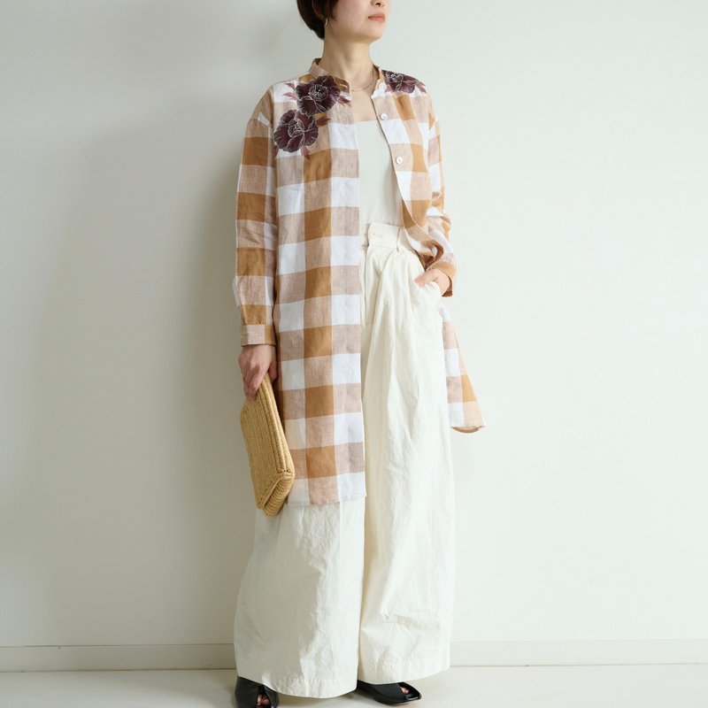 格纹亚麻长版衬衫 牡丹 - 女装上衣 - 棉.麻 卡其色