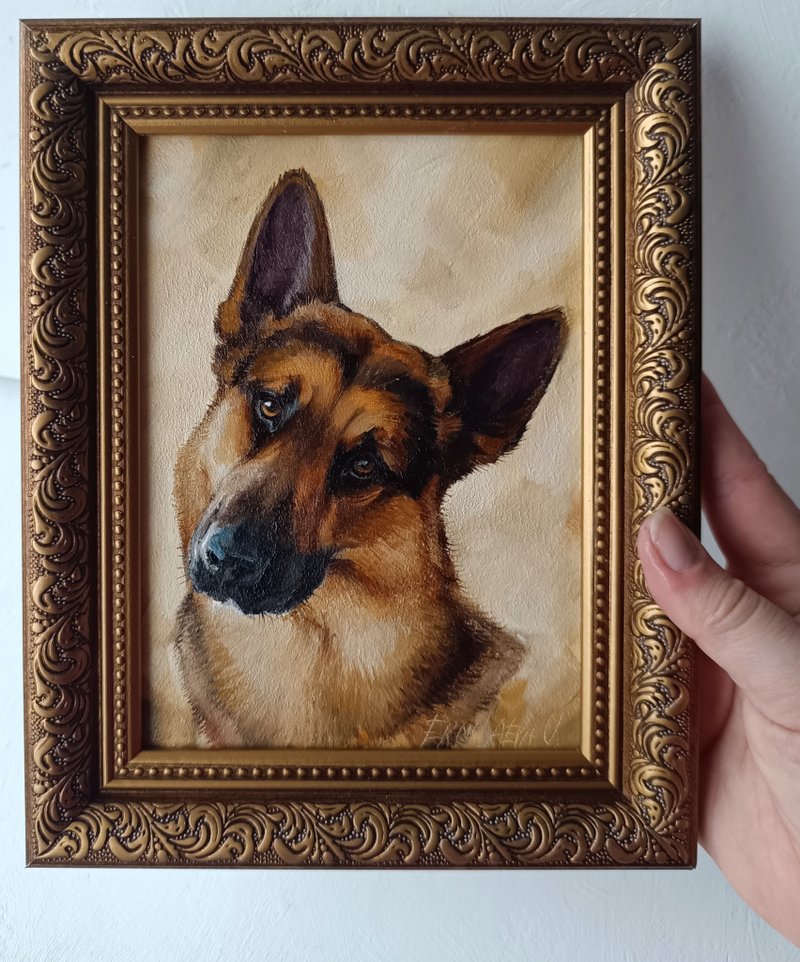 德国牧羊犬油画 狗狗肖像 宠物 原创作品 13×18 厘米 - 墙贴/壁贴 - 其他材质 咖啡色