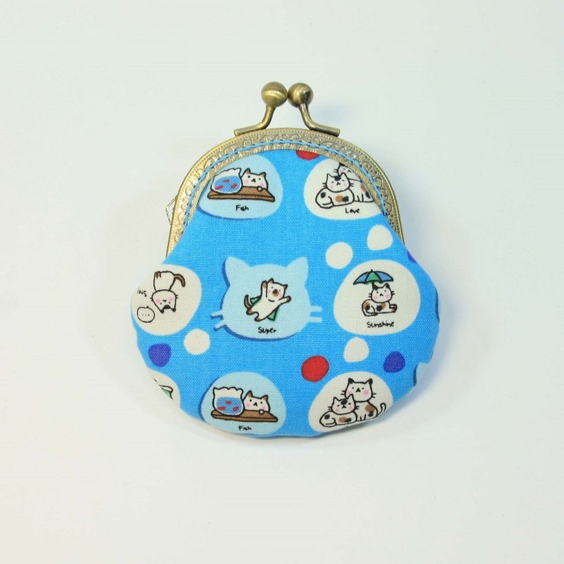 8.5cm口金零钱包41-猫 浅蓝底 - 零钱包 - 棉.麻 蓝色
