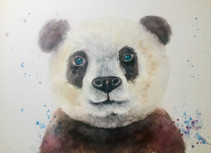 熊猫的温柔凝视 – 原创水彩肖像画 - 墙贴/壁贴 - 纸 咖啡色