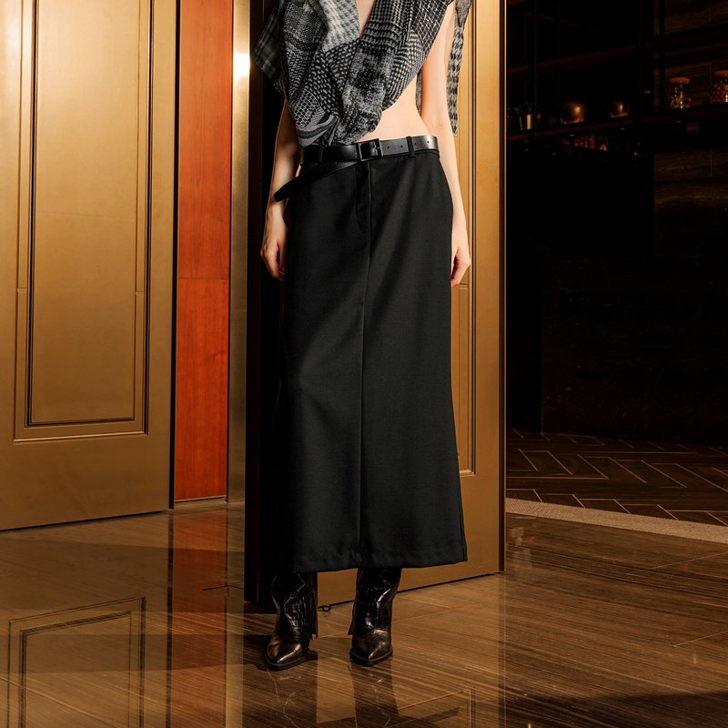 后开衩直筒双口袋长裙 - 裙子 - 其他人造纤维 黑色