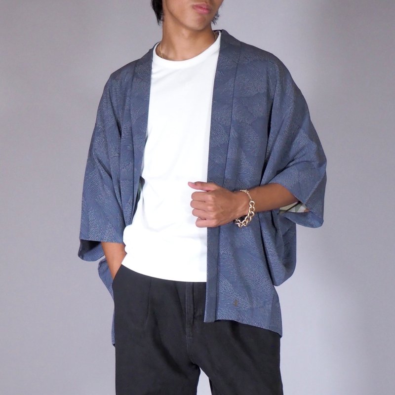 【日本制】复古羽织夹克、烟熏蓝、男女通用和服开衫、男士羽织 - 男装外套 - 丝.绢 蓝色