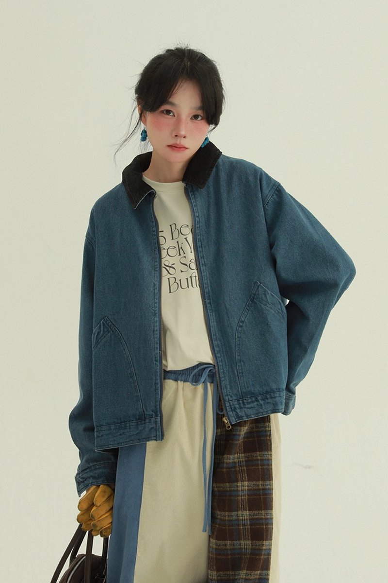 藍色 燈芯絨領子復古夾克 日系休閒中性款立領牛仔外套 M-2XL - 女装休闲/机能外套 - 棉.麻 蓝色