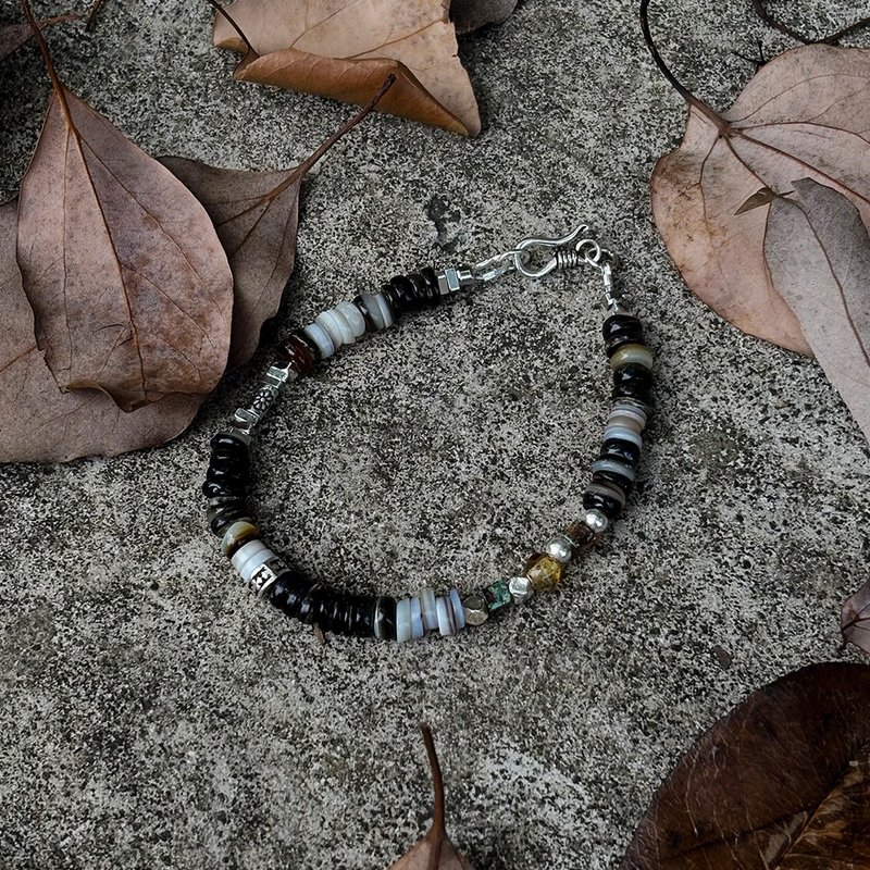 7AB 幽海黑蝶贝复古手链925银VINTAGE中性款银珠琥珀银饰手串 - 手链/手环 - 其他材质