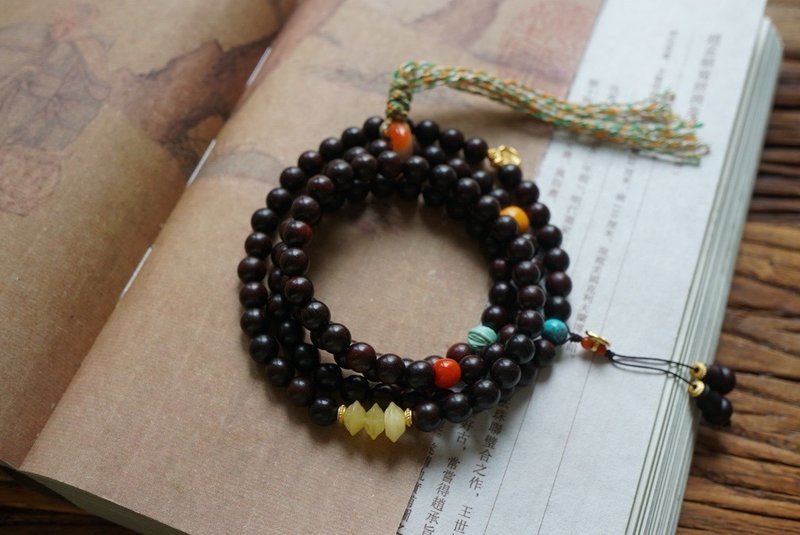 6mm天然原生小叶紫檀木 绿松石蜜蜡设计多圈手串项链s - 手链/手环 - 木头 咖啡色