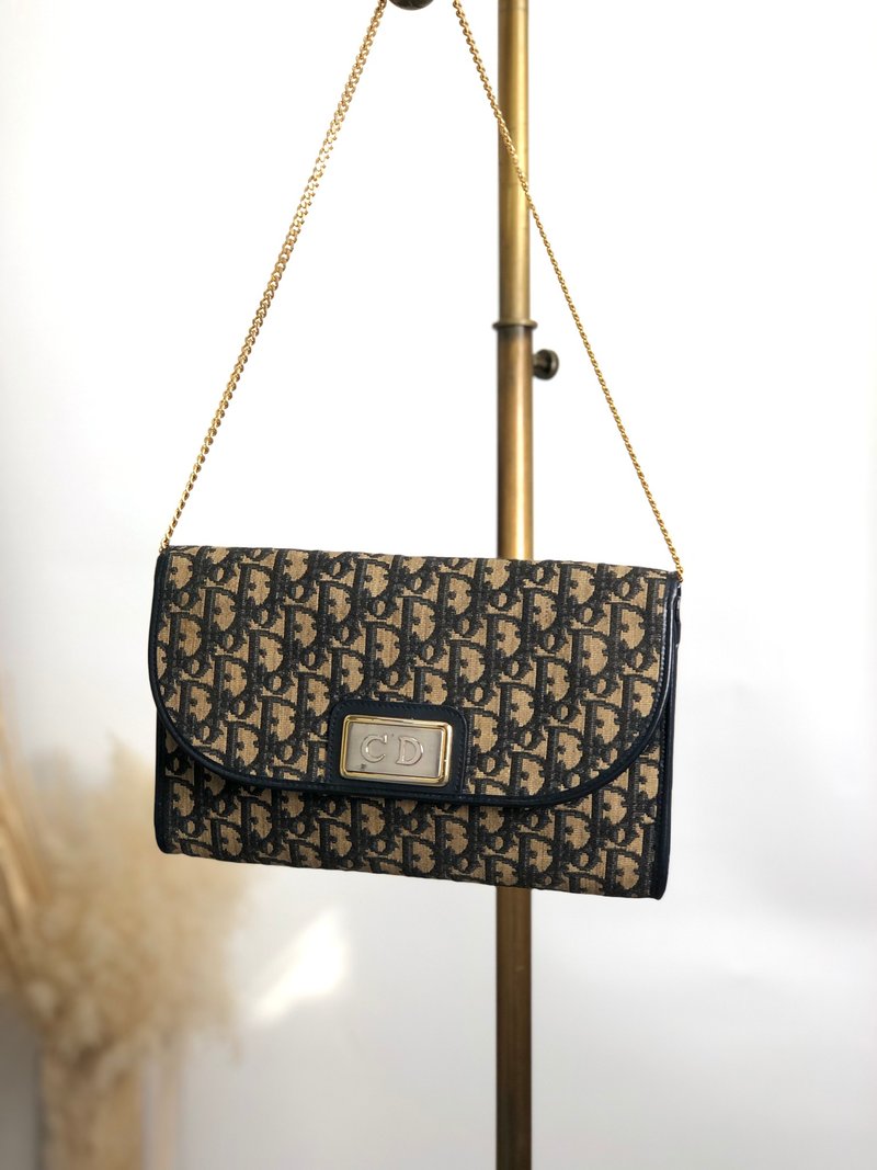 【 日本直送 名牌中古包 】Christian Dior 缇花托特包 海军蓝 CD 缇花 链条 vintage bmy3ab - 侧背包/斜挎包 - 棉.麻 蓝色
