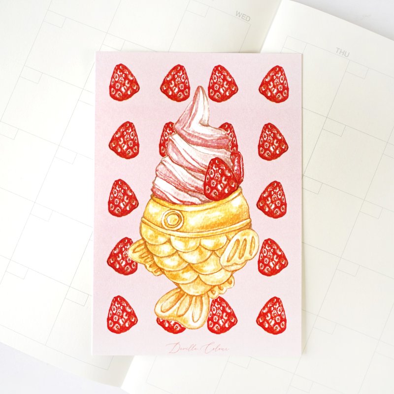 【鲷鱼烧士多啤梨雪糕】 鲷鱼烧草莓雪糕 加厚哑光纸 明信片 - 卡片/明信片 - 纸 粉红色