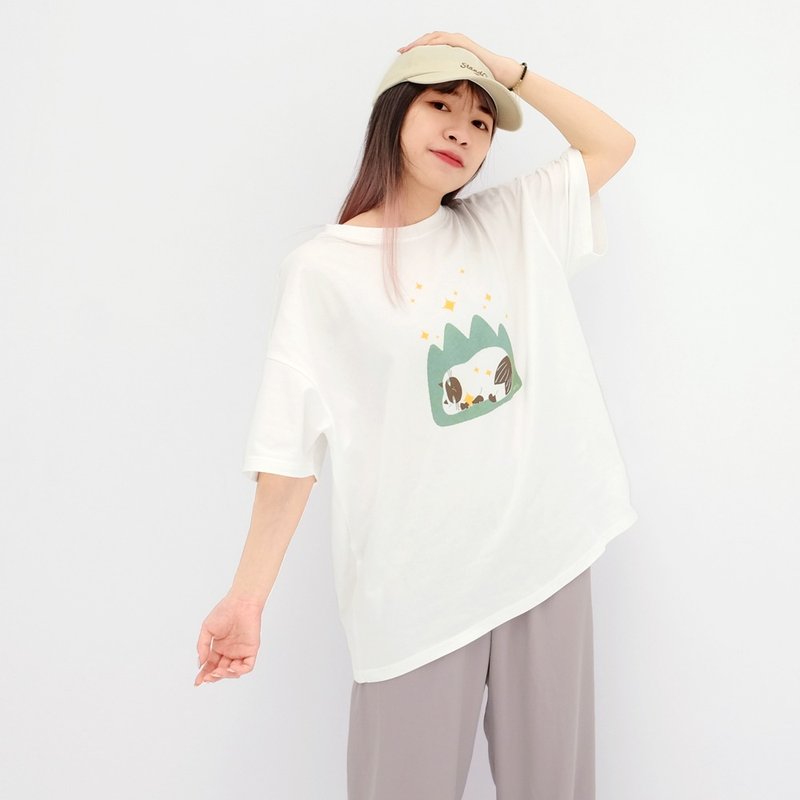 星星都是我的 - 宽版中性tshirt 暹罗猫 文创插画tshirt - 女装 T 恤 - 棉.麻 白色
