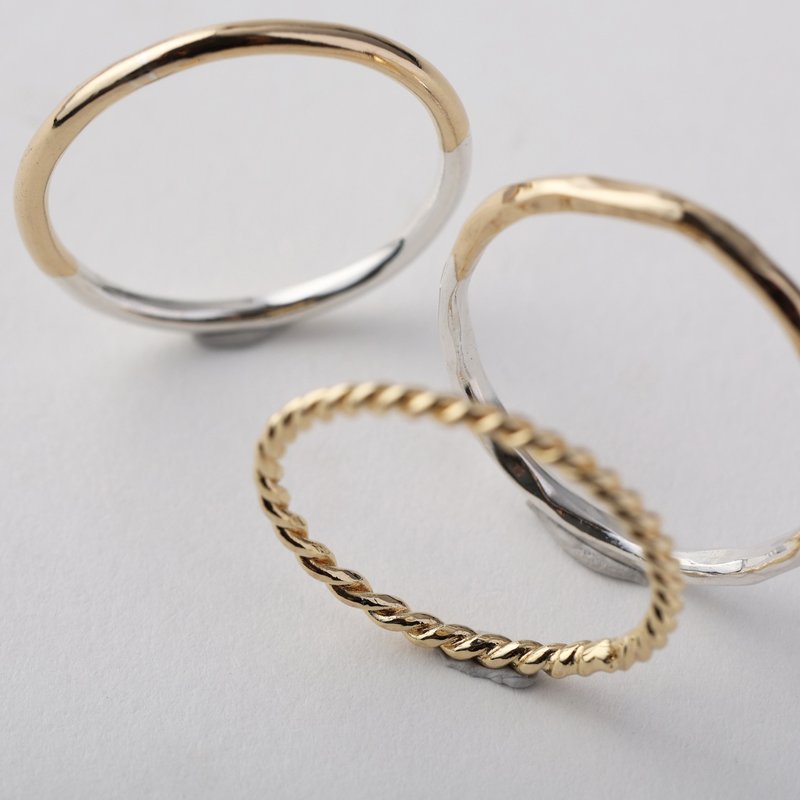 【圣诞礼物】细戒 (3只) 双色 925纯银 18K金戒指 对戒 尾戒 - 戒指 - 纯银 金色