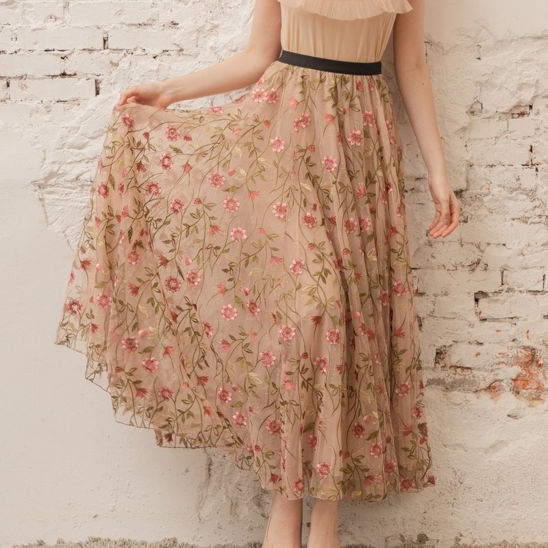 古典绣花菲利斯纱裙   杏 - 裙子 - 聚酯纤维 多色