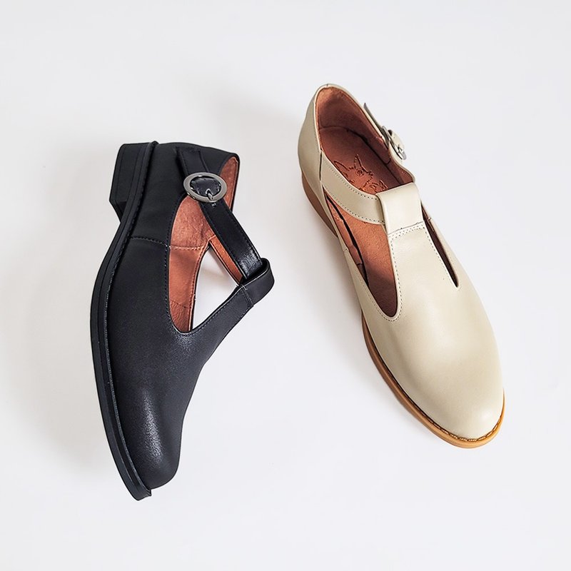 (宽楦) 真皮T字玛莉珍鞋 女鞋皮鞋 - 浅卡其 黑色 - 玛莉珍鞋 - 真皮 卡其色