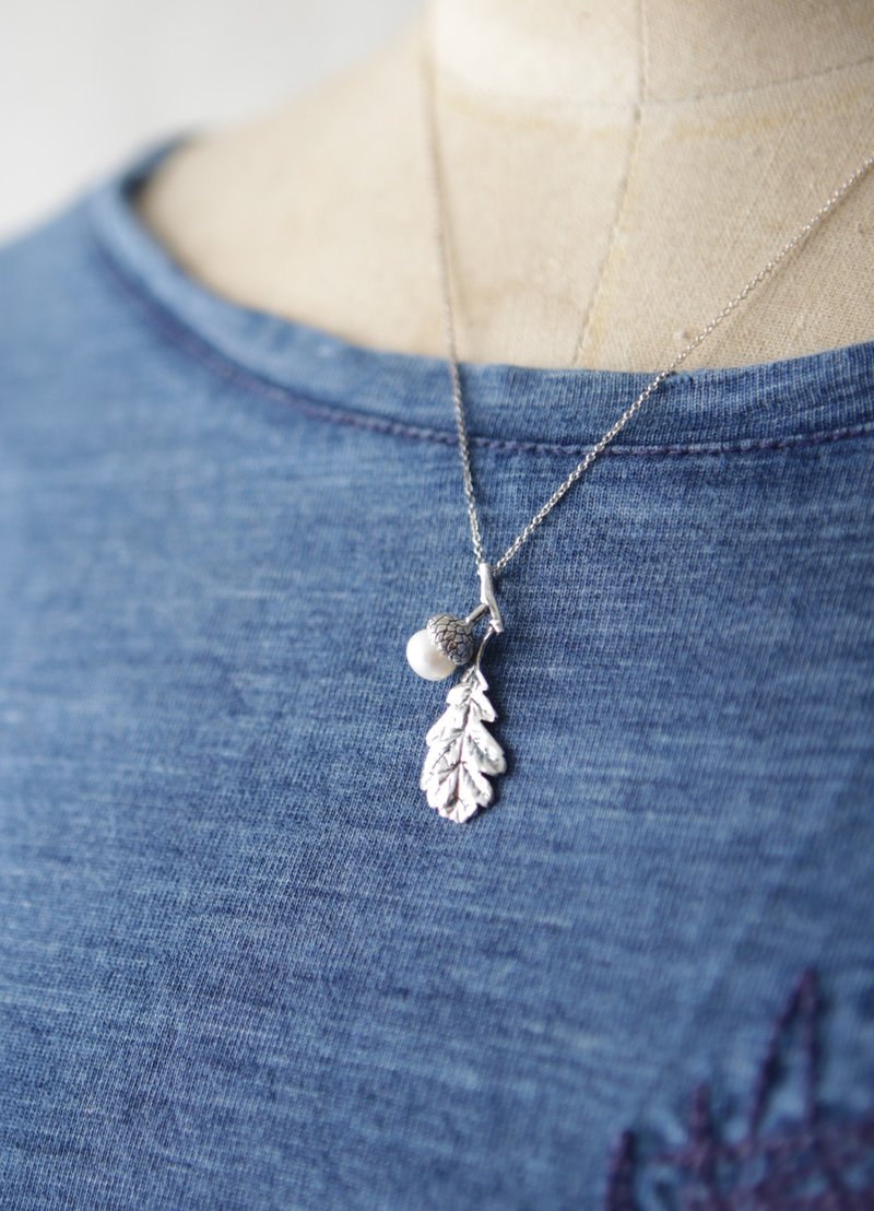 纯银珍珠橡实树叶项链 - 项链 - 纯银 银色