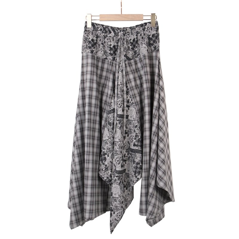 黑咖格 后袋多角造型裙 #T6052 - 裙子 - 棉.麻 灰色