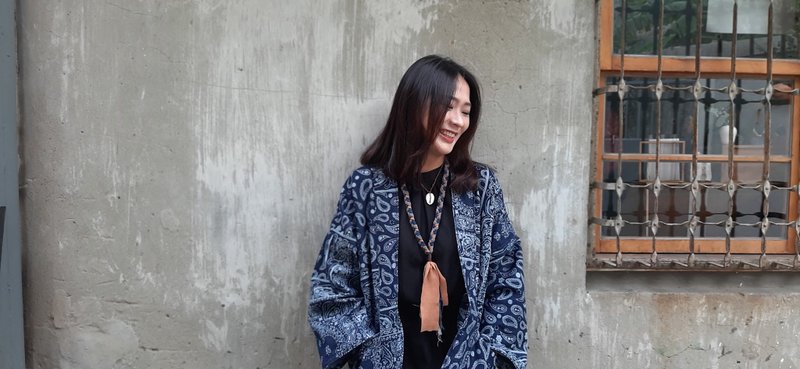 AMINS SHINY WORLD  水洗藏青变形虫提花KIMONO - 中性连帽卫衣/T 恤 - 棉.麻 多色