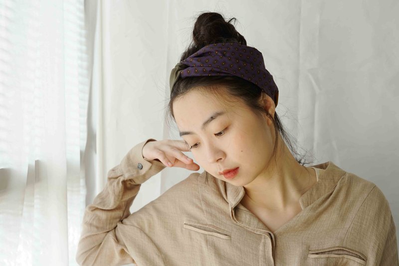 日式配布两用双头交叉打结发带-复古紫色变形虫X军绿 - 发带/发箍 - 棉.麻 紫色