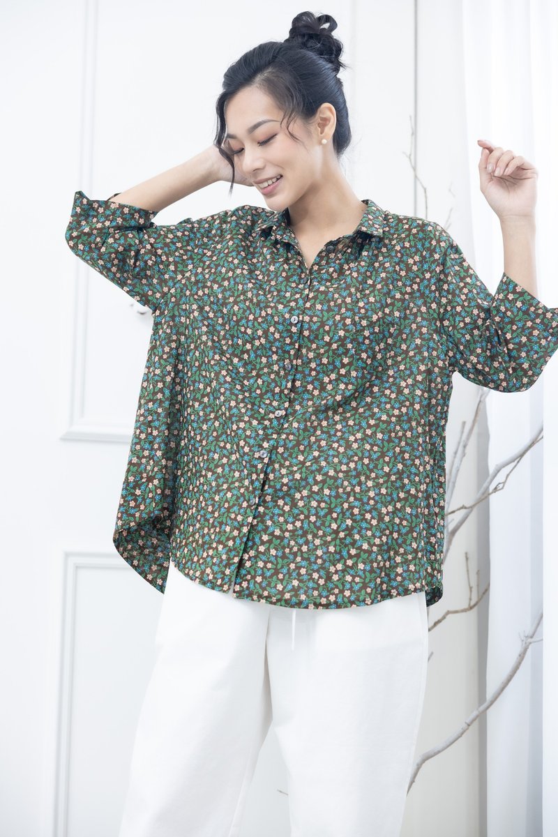 蓝粉红小花抓皱衬衫 咖啡色 - 女装衬衫 - 其他材质 咖啡色