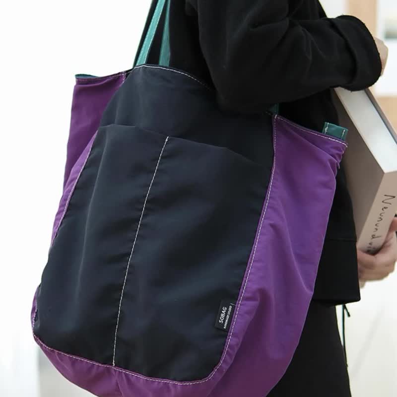 sobag日系紫色防水尼龙拉链单肩布包女休闲撞色大容量通勤托特包 - 侧背包/斜挎包 - 尼龙 紫色