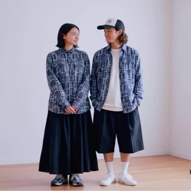 男女同款格纹衬衫 - 柔软织纹纯棉 - 中性连帽卫衣/T 恤 - 棉.麻 蓝色