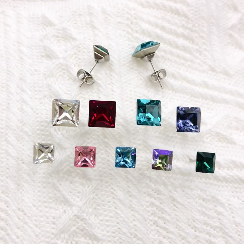 圣诞/交换礼物【方钻】医疗钢单钻耳针|奥地利高端水钻耳环 - 耳环/耳夹 - 不锈钢 多色