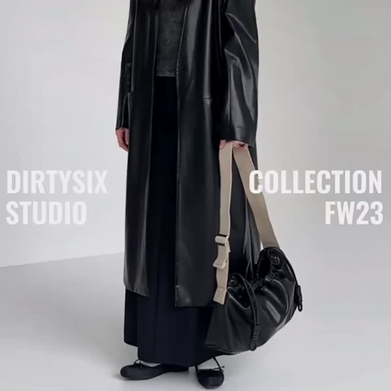 鴉黑色 Little by little 寬肩帶 抽繩軟軟方磚包 隨身肩背斜背包 - 公文包/医生包 - 人造皮革 黑色