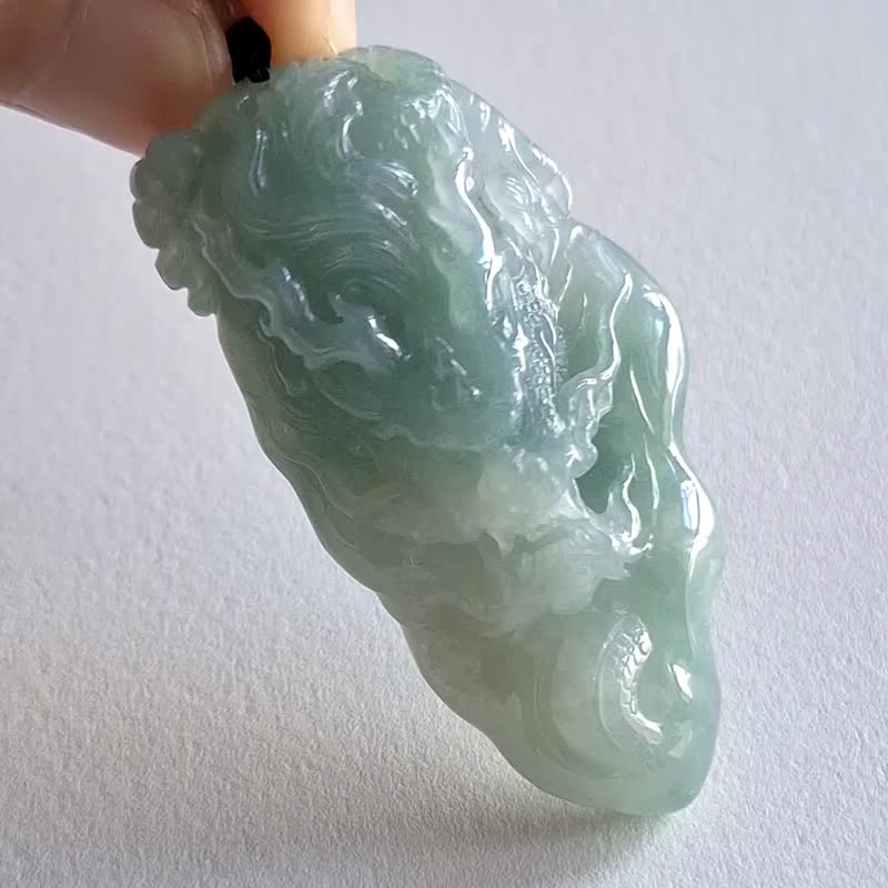 缅甸翡翠天空蓝霸气龙牌吊坠 | 天然缅甸翡翠玉器 - 项链 - 玉石 蓝色