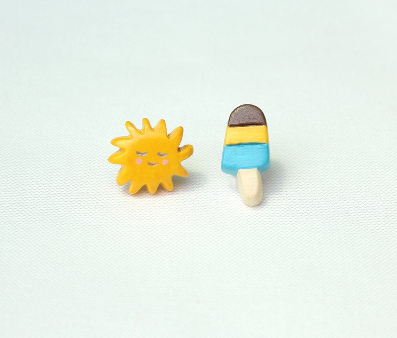 夏日 "太阳x冰棒(蓝)" 耳环 - 耳环/耳夹 - 粘土 黄色