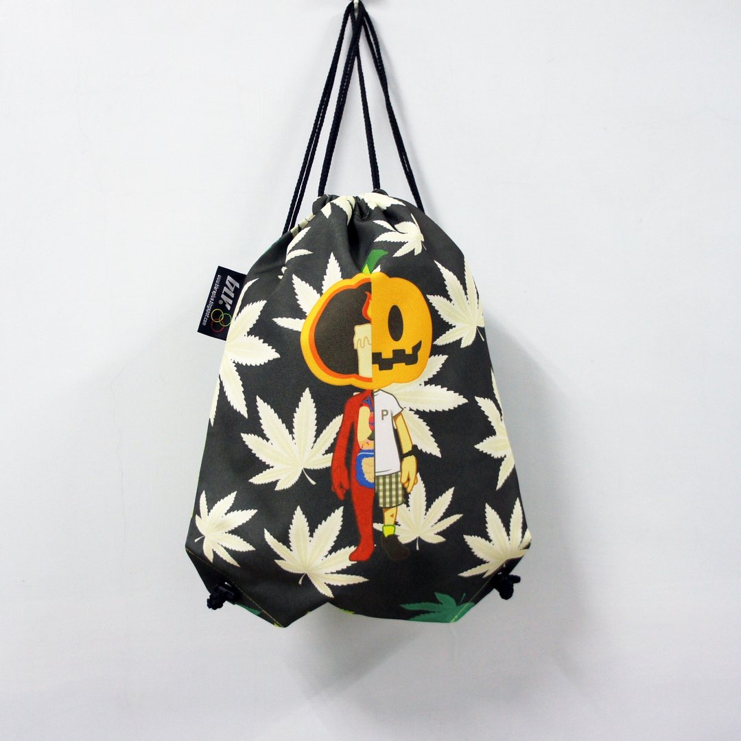 BLR 手工 印花 Punk Pumpkin 大麻 南瓜系列 双面图案 束口后背包 - 束口袋双肩包 - 其他材质 黑色