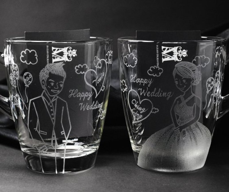 320cc(一对价)【MSA GLASS ENGRAVING】彩虹天空婚纱照Q版娃娃刻字玻璃杯 刻字马克杯 结婚礼物 婚礼小物 - 订制画像 - 玻璃 