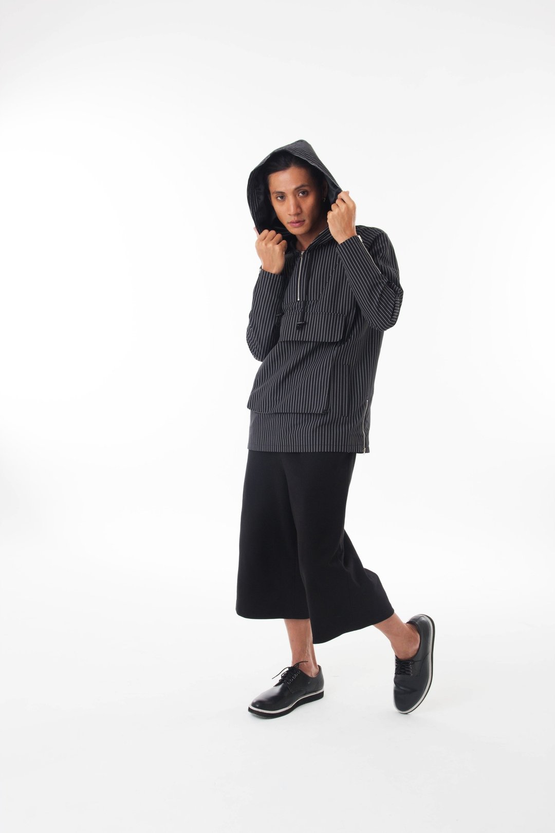 Sevenfold - Waterproof striped hooded large pockets top 防水条纹连帽大口袋上衣 (黑) - 中性连帽卫衣/T 恤 - 防水材质 黑色