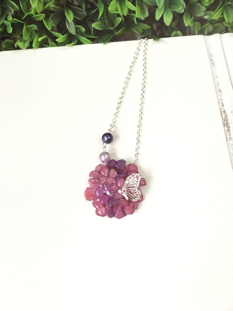 *Haku·Neko* 【迷你版】深粉x紫色立体迷你小绣球花颈链 (真花系列) - 项链 - 植物．花 紫色