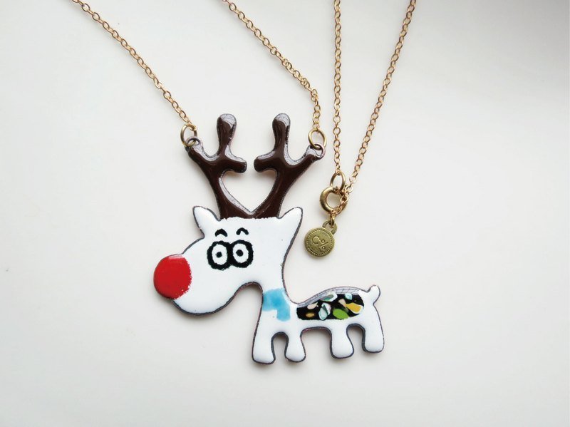 ::C%手工饰品::红鼻子白麋鹿 圣诞礼物 珐琅长项链 - 项链 - 其他金属 红色