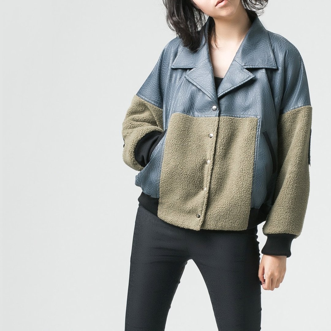 【JACKET】皮绒拼接短版外套 - 女装休闲/机能外套 - 其他材质 灰色