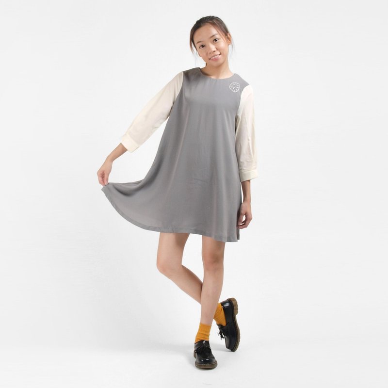 【HEYSUN】时间系列/绢印时间的轮廓拼接洋装 - 洋装/连衣裙 - 其他材质 灰色