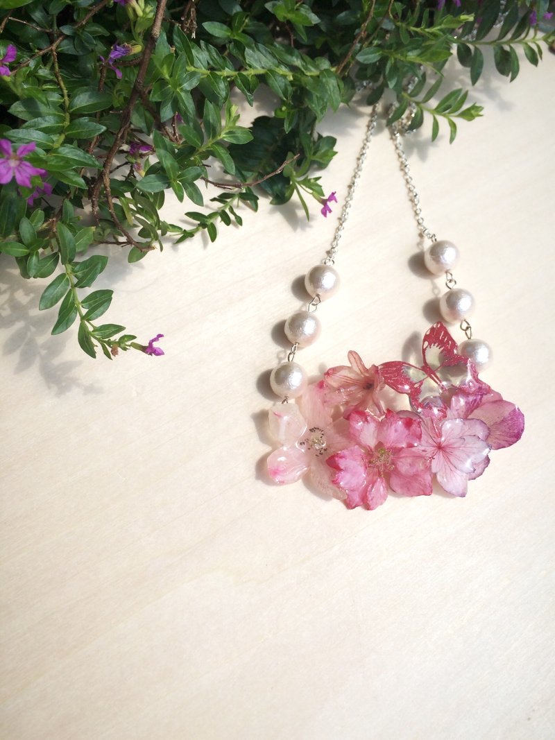 *Haku·Neko* 蝶恋花之百花齐放粉红真花颈链 - 颈链 - 植物．花 粉红色
