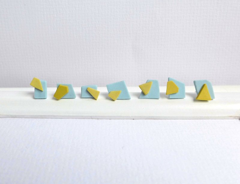 【N.U. Studio】陶瓷系列 随性几何耳环--黄蓝(可改夹式耳环) - 耳环/耳夹 - 陶 蓝色