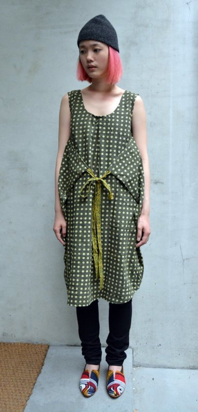 tie dot 木刻印洋装＿绿点 - 洋装/连衣裙 - 棉．麻 绿色