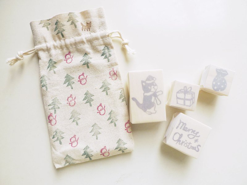 ＊圣诞礼物＊印章－merry christmas礼物猫手刻章（4颗一组加礼物袋） - 印章/印台 - 木头 绿色