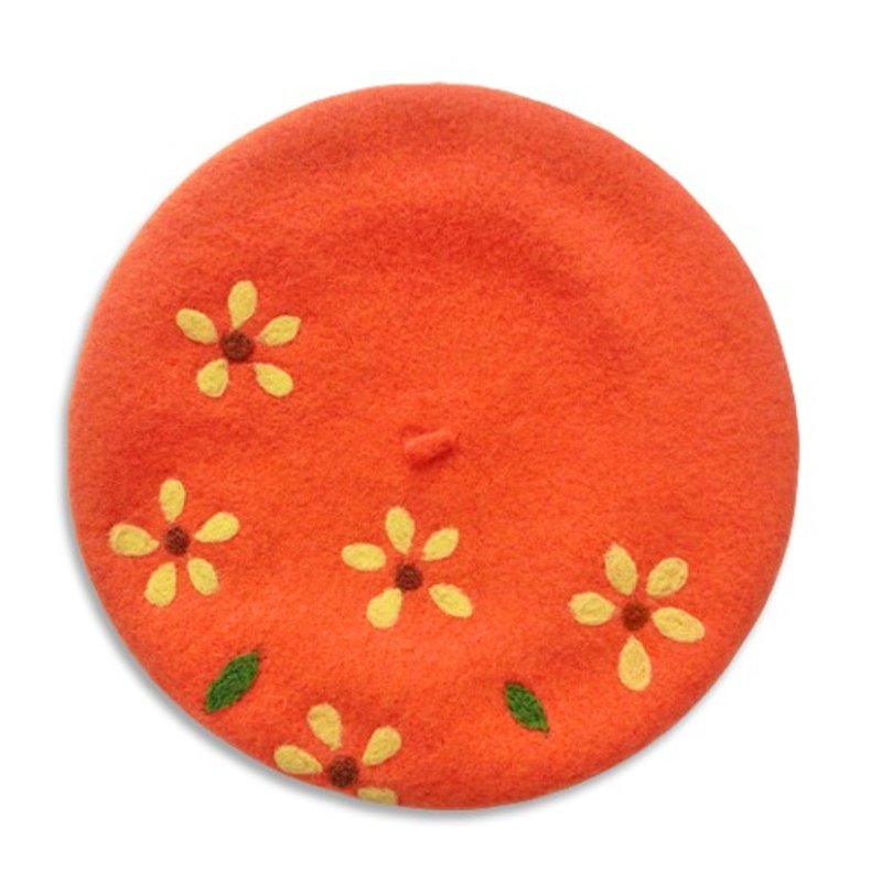 羊毛氈手作 橙色 貝雷帽畫家帽 花瓣款 - 帽子 - 羊毛 橘色