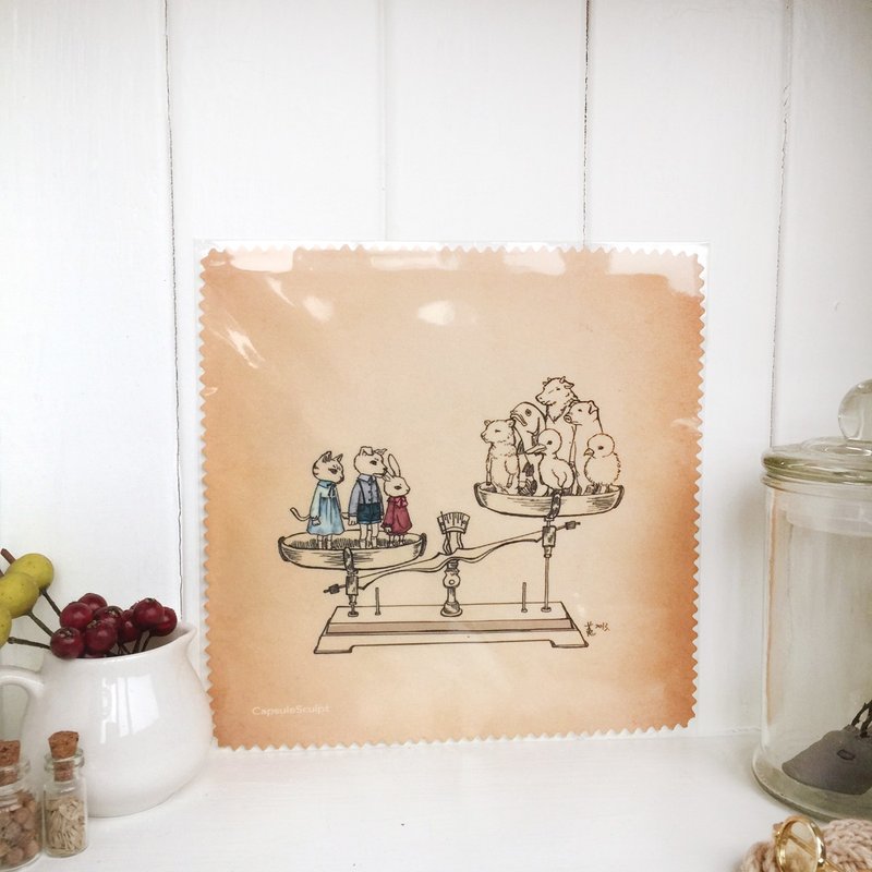 草本菟刻眼镜布/拭镜布“动物天秤 - 衡” + 明信片*2 套组 - 其他 - 其他材质 卡其色