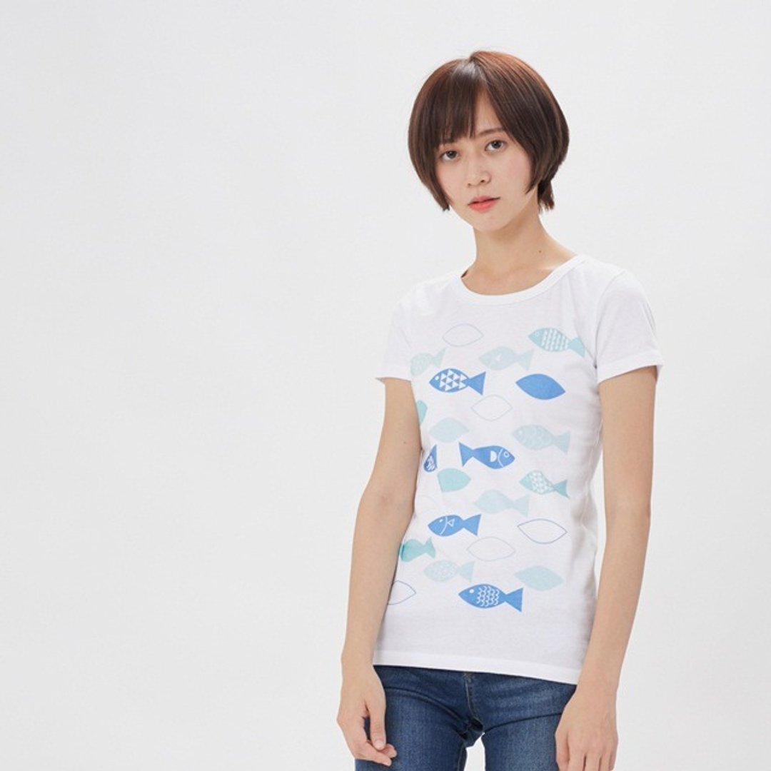 幾何海洋 短袖 蜜桃棉 女T 純白 - 女装上衣 - 棉 白色