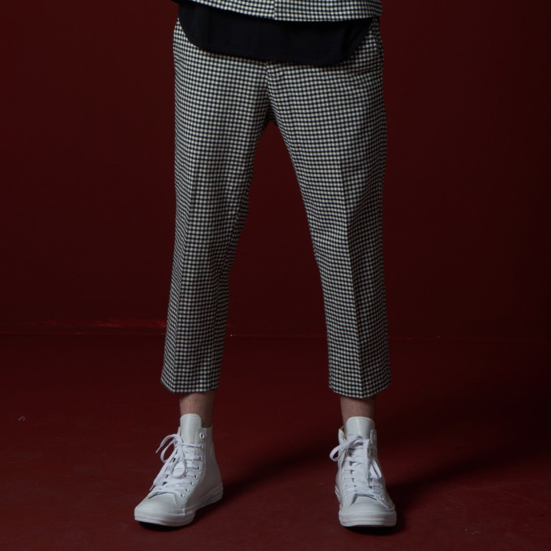 Stone'As Jacquard Pleat Pants / 九分 打褶西裤 黑白 格纹 格子 - 男士长裤 - 棉 黑色