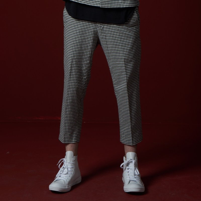 Stone'As Jacquard Pleat Pants / 九分 打褶西裤 黑白 格纹 格子 - 男士长裤 - 棉．麻 黑色