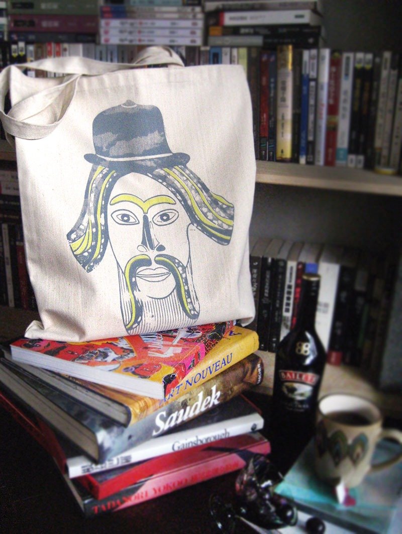 Ma'pin 胡子绅士 / 黄 有机棉手工印刷托特包 - 侧背包/斜挎包 - 棉．麻 白色