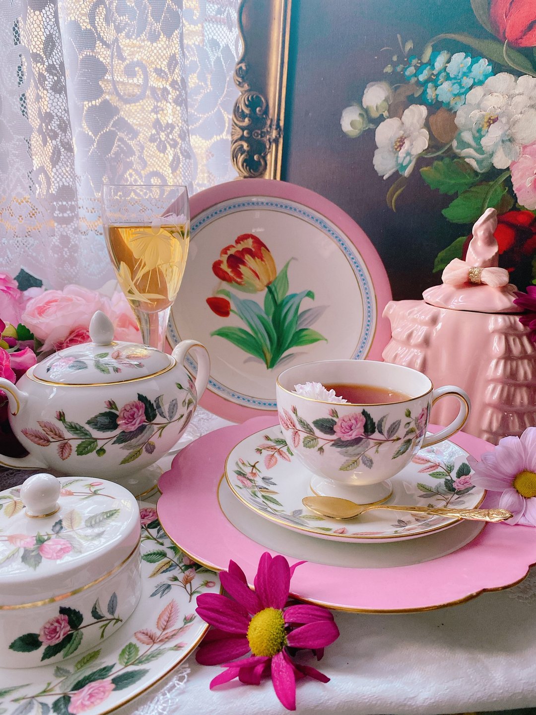 英国骨瓷皇家Wedgwood1970年粉红玫瑰花茶两件式库存品情人节礼物 - 茶具/茶杯 - 瓷 粉红色